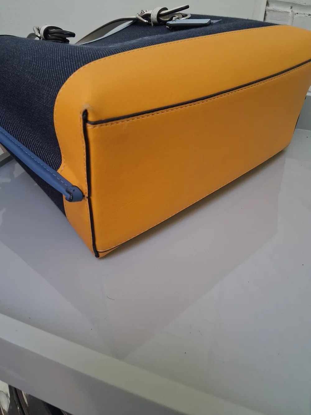 Authentic Coach Mollie Denim Color block Tote - Navy, Yellow & Light Blue